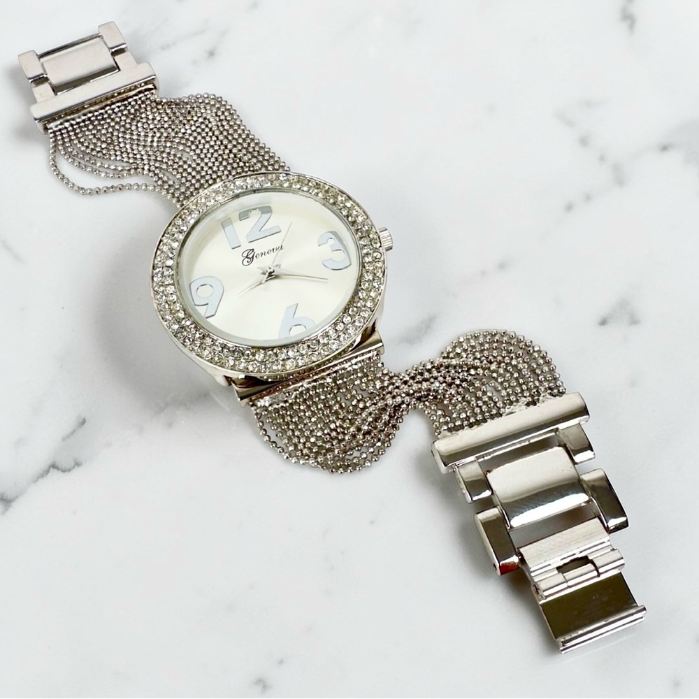 Geneva Silver Bracelet with Crystal Bezel and multi strands bracelet watch